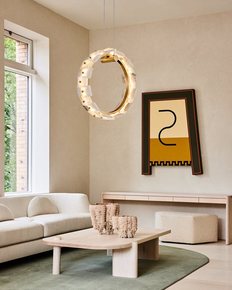 Marble Circle Hanging Lamp Minimalism White and Brass Alabaster Halo Chandelier Dining Table