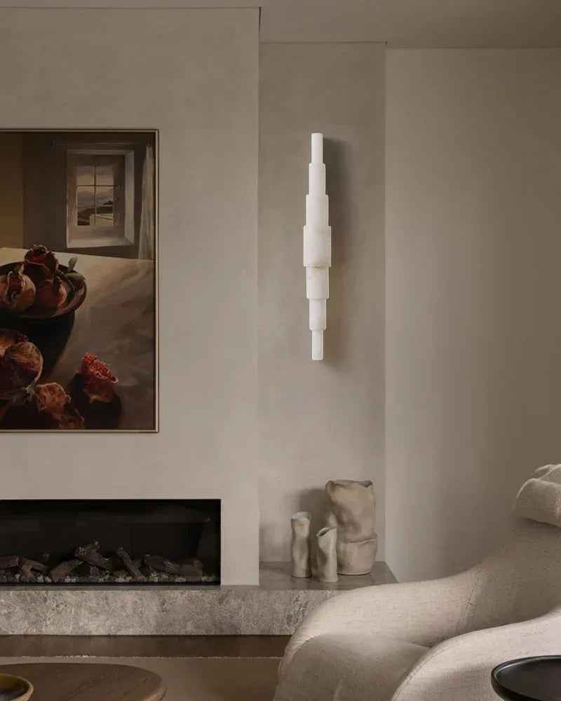 LightsStory Series Geometric Wall Sconce | Cylindrical Stone Hand-finished natural white alabaster stone and solid metal, Polished metal finish for Bedrooms, hallways, and dining spaces Modern Art Design Wall Lamp