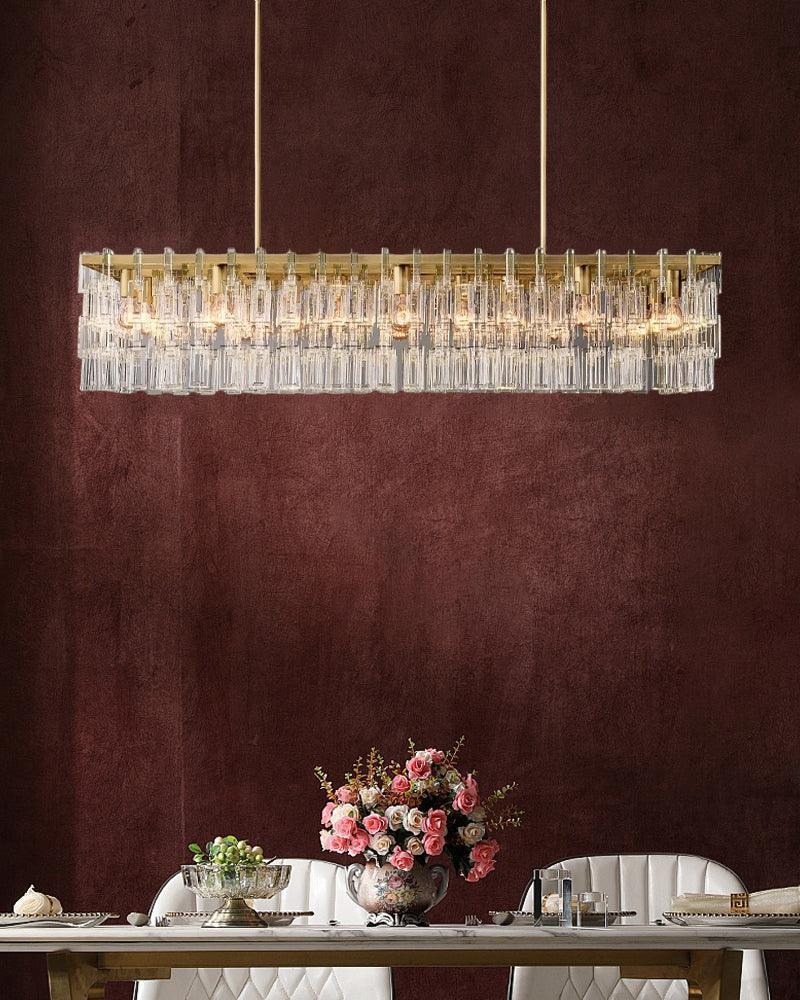 LightsStory Series Prismatic Chandelier | Linear Rectangular Hand-set Prismatic Crystals and Interlocking Steel, Dual-Tone Satin Gold and Matte Black for Entryways, Dining Areas, and Bedrooms American chandelier