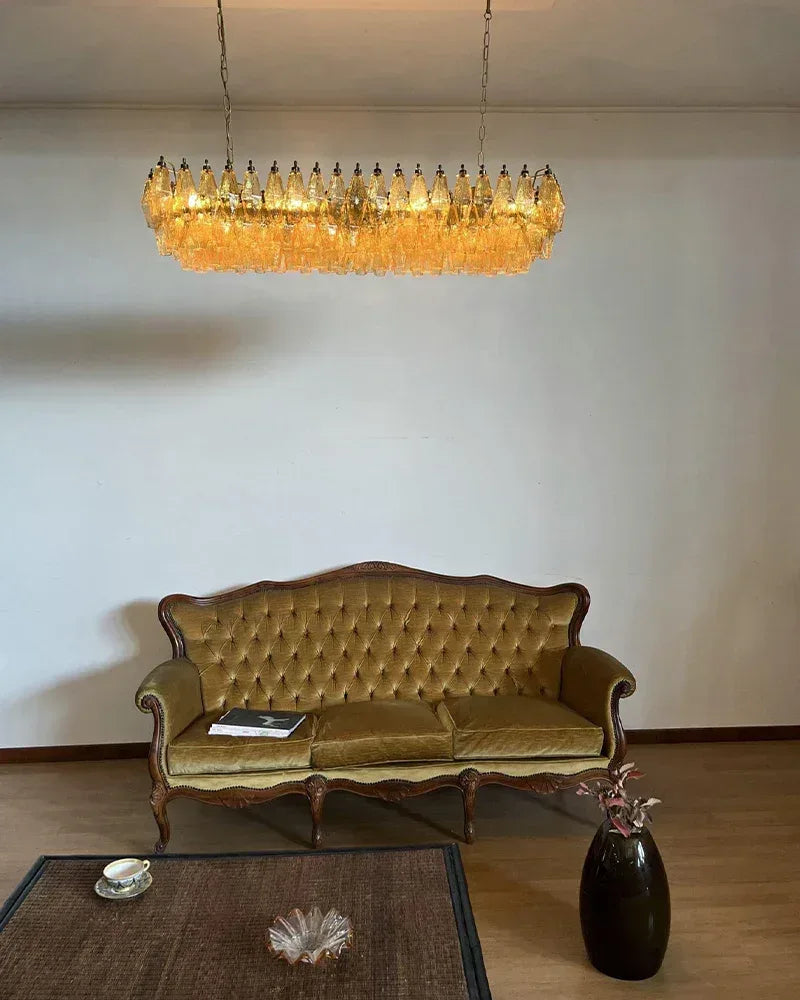 LightsStory Series Ethereal Chandelier | Rectangular Poliedri Hand-blown Murano textured glass, Plated-brass or bronze accents for Dining Rooms and Living Areas American chandelier