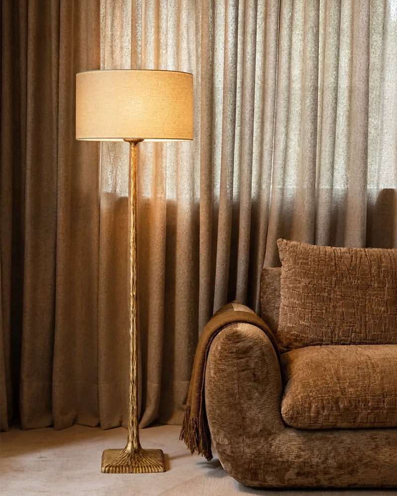 Hammered Brass Tapered Column Drum Floor Lamp - Lux Heritage Brass, Organic Linen Shade - Bedroom & Living Rooms