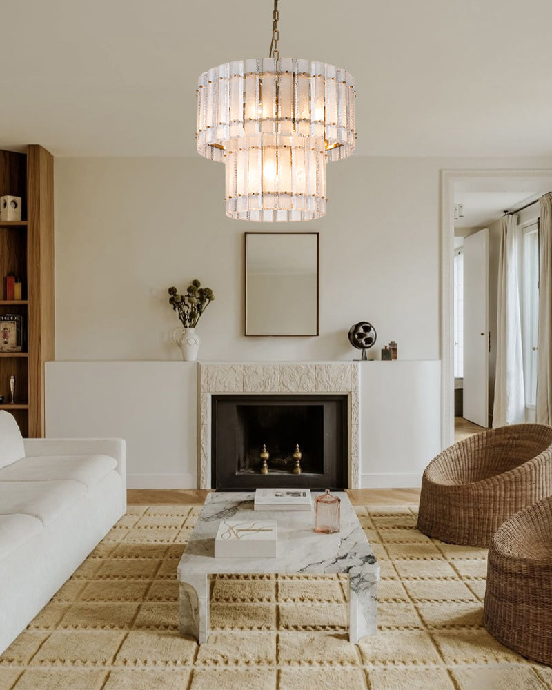 Solstice Aura Ghiaccio Glass Double Tier Drum Chandelier - Lux Gold Trim - Foyers, Dining Rooms & Living Rooms