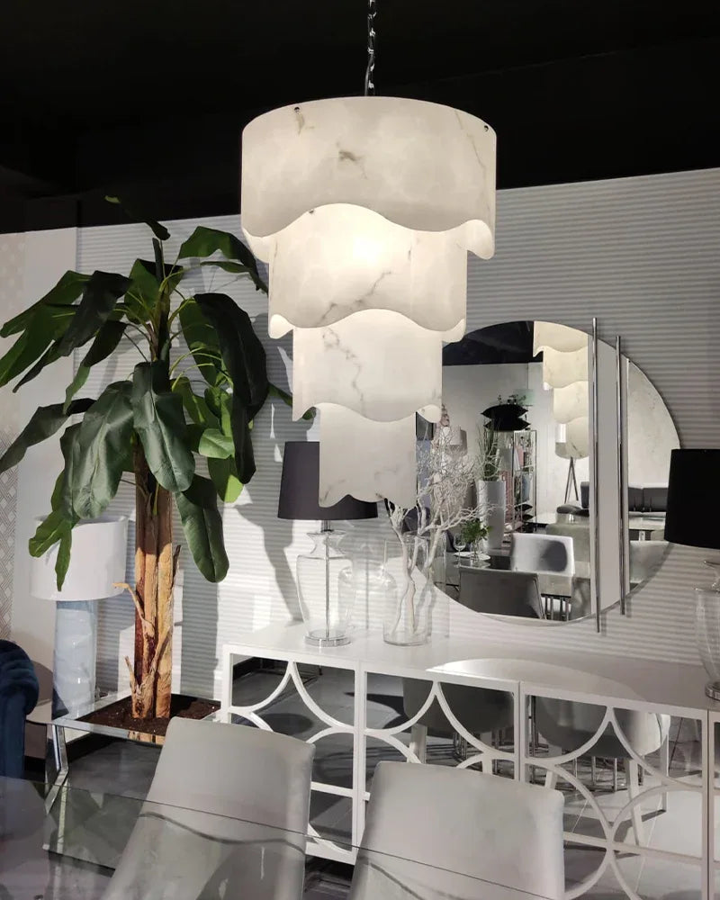 White Alabaster and Antique Brass Finish Layered Pendant Light Wide 18" Modern Pendant lamp