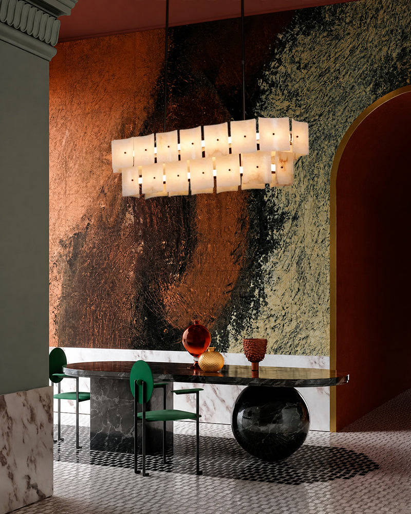 Alabaster Studded Curved Panel Double Tier O Chandelier - Natural Spanish Alabaster, Serene Black Trim - Kitchen, Dining Rooms & Living Rooms (Copy)
