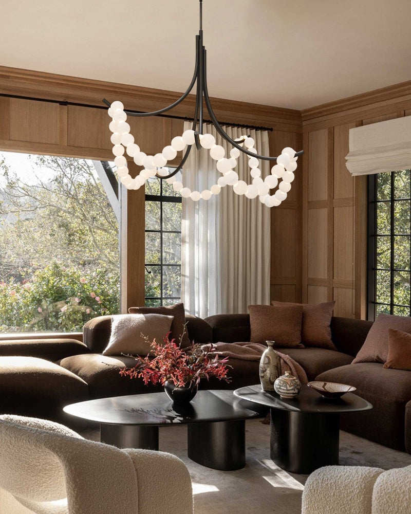 Cluster String Alabaster Beads Semi Flush Chandelier in Brass & Black Metal Rod