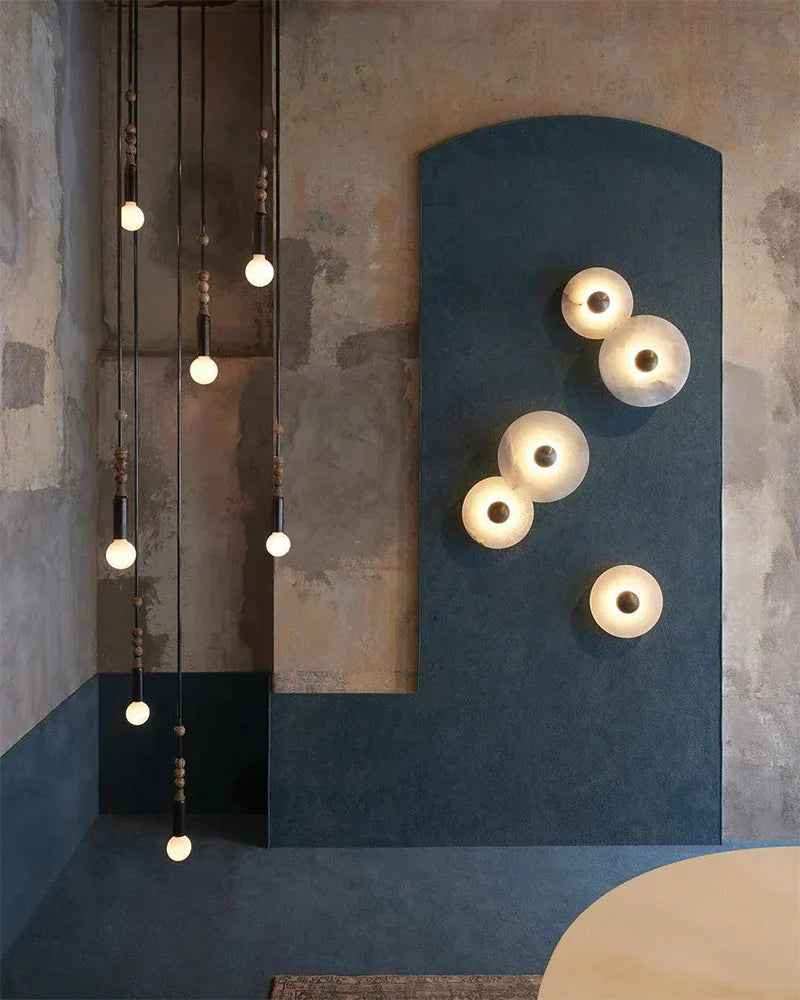 LightsStory Series Geometric Wall Lamp | Round Alabaster Natural veined alabaster planes and polished fluted brass, Polished fluted brass finish for Sophisticated living spaces and bedside accents Modern Art Design Wall Lamp