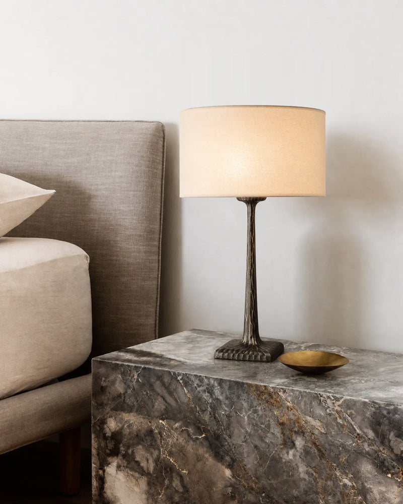 Classic Hammered Sculptural Trunk Drum Table Lamp - Matte Hammered Brass Stem & Fabric Drum - Bedroom & Living Rooms