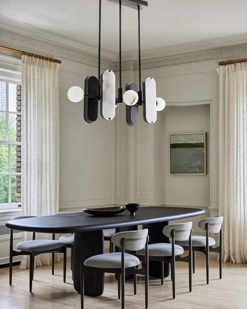 Maradona Series Geometric Pendant Light | Linear English black iron frame and luminous white alabaster shades, English black iron finish for Kitchen Islands and Dining Rooms Modern Pendant lamp