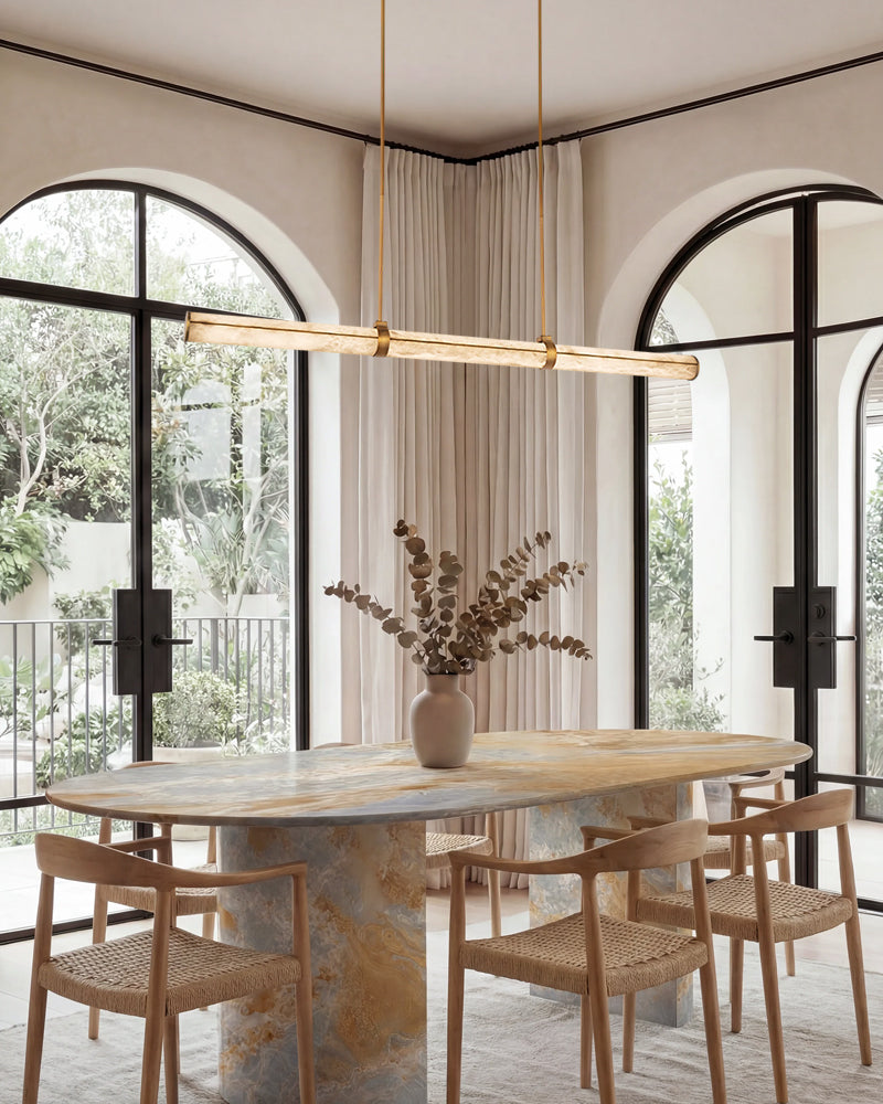 Cora Alabaster Linear Halo Rod Pendant Light - Natural Spanish Alabaster, Lux Gold Trim - Kitchen Islands & Dining Rooms