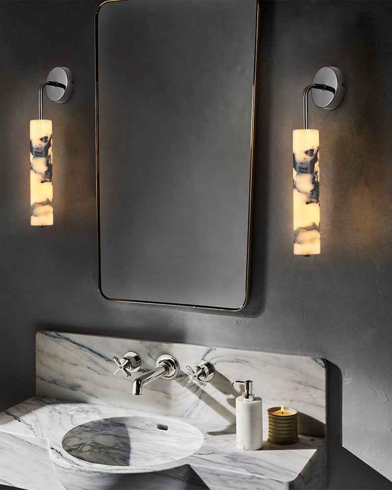 Adrian Series Geometric Wall Sconce | Cylindrical Nature Texture Natural black marble with unique veining and brass metal, Frosted Black and Brass finish for Bedrooms, living rooms, and hallways Modern Art Design Wall Lamp