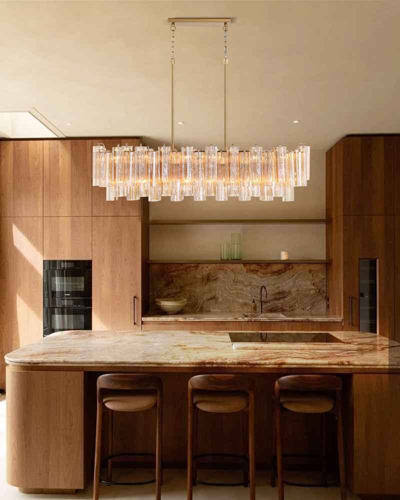 Cortina Series Prismatic Chandelier | Layered Glass Tubes Authentic Venetian Murano Glass, Aged Brass and Black Metal for Modern Dining Rooms and Living Areas Luxury Modern Chandelier