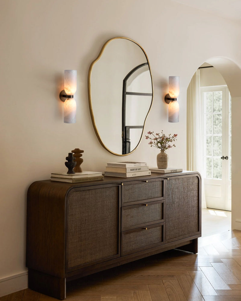 Double 2 lights Alabaster Tandem Wall Lamp in Unique Brass/Black Metal Framework