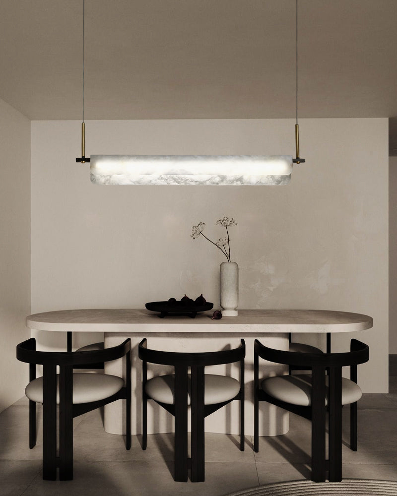 Organic Alabaster Linear Pendant Lightiing with Black Metal Frame for Kitchen Island