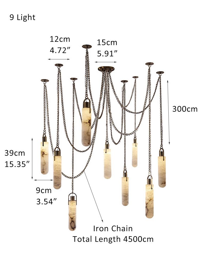9-light brass LED cluster pendant lamp dimensions with adjustable chain and fixture sizes.