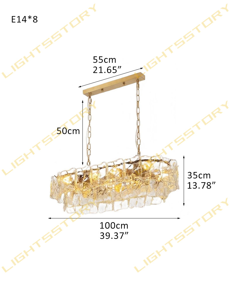 Chiara Murano Glass Contemporary Ghiaccio Panel Linear Chandelier - Lux Gold Trim - Kitchen Islands & Dining Rooms