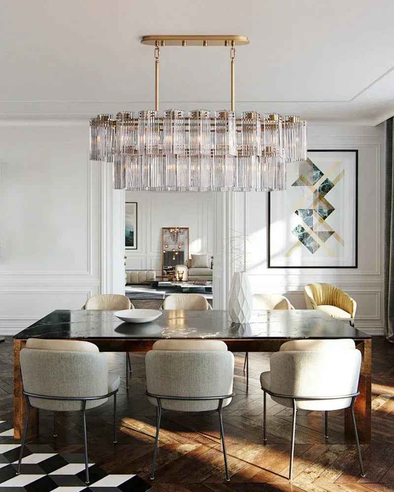 Saint-Cirq Series Refractive Chandelier | 2-Tier Oval Reeded Clear and Smoke Glass with Steel, Brushed Black and Brass for Dining Rooms and Entryways American chandelier