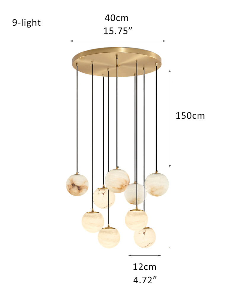 9-light marble pendant lamp with gold ceiling mount and black cords