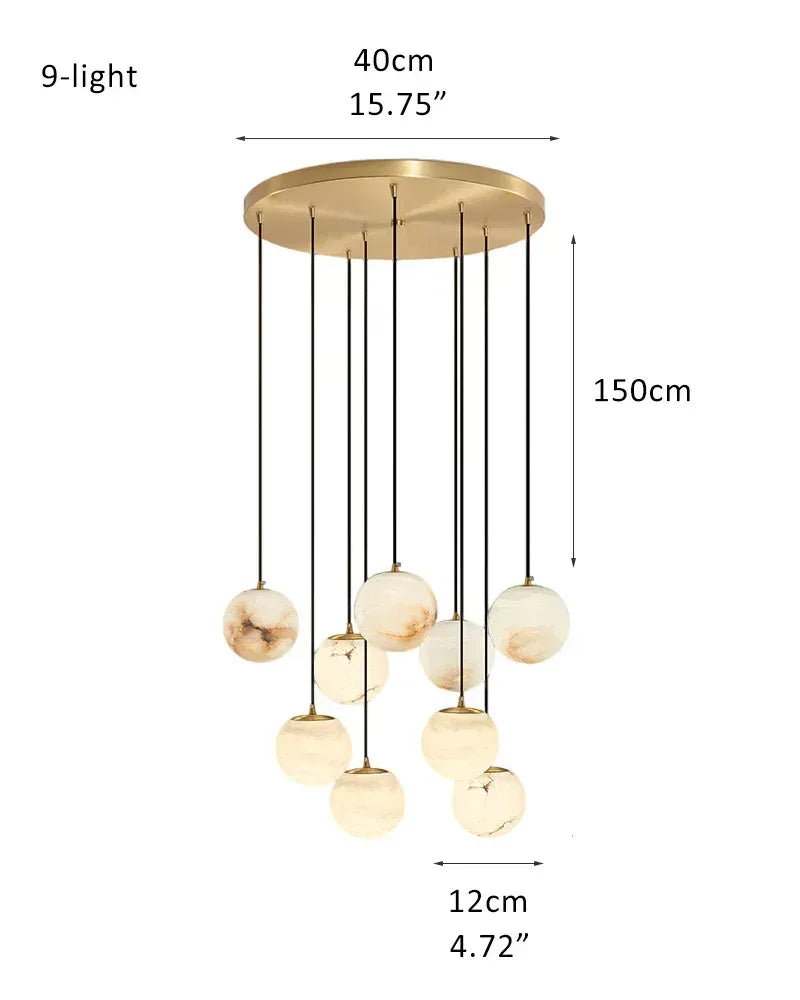 16-light Cluster Alabaster Globes Ceiling Staircase Pendant Lighting with adjustable cord 9-light-D12cm D4.72" White + Brass Modern Pendant lamp