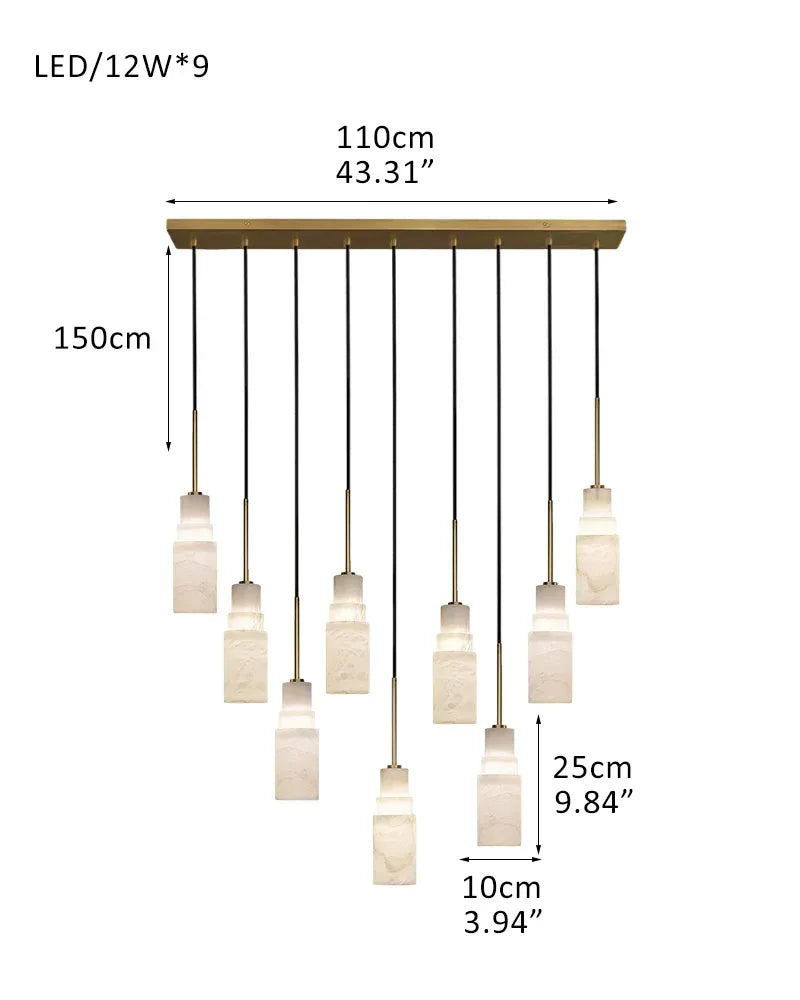 Antique aged Copper Long Hanging Cord Alabaster Pendant Lights over dining table 9-light-D10*H25CM D4"*H10"-Square Brass + White Vintage Simple Hanging Lamp