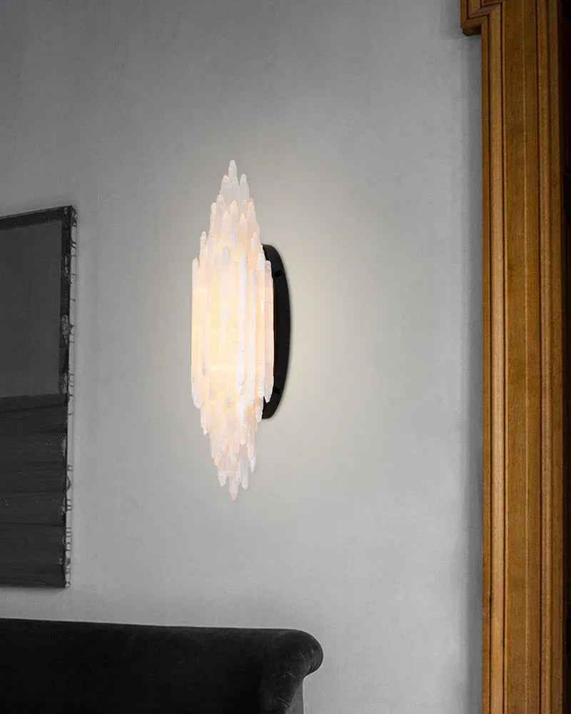 LightsStory Series Ethereal Wall Sconce | Linear Handcrafted Crystalline Gypsum Selenite, Modern Matte Black for Meditation Spaces and Luxury Living Areas Flush Mounted Wall Sconce Lamp