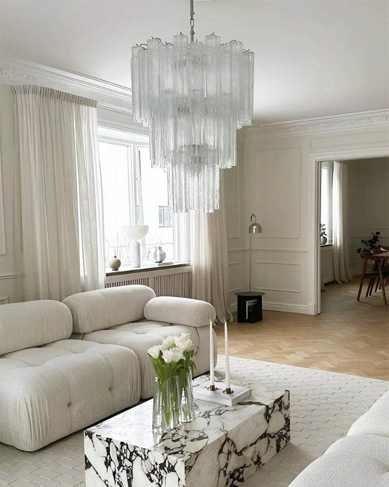 Classic Murano Transparent Glass Tube Chandelier Brushed Gold & Chrome Frame