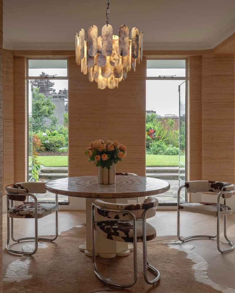 Alabaster Tiered Chandelier-Natural Stone Pendant Light Fixture-White and Brown (Copy)
