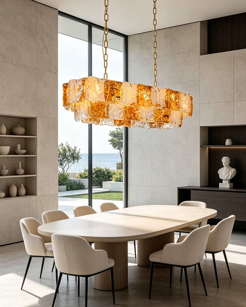 Chiara Murano Glass Contemporary White Amber Panel Linear Chandelier - Lux Gold Trim - Kitchen Islands & Dining Rooms