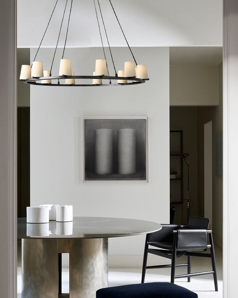 Pauillac Frabic Shade Round Chandelier 36" 48" 60" Lacquered Burnished Brass/Black American chandelier