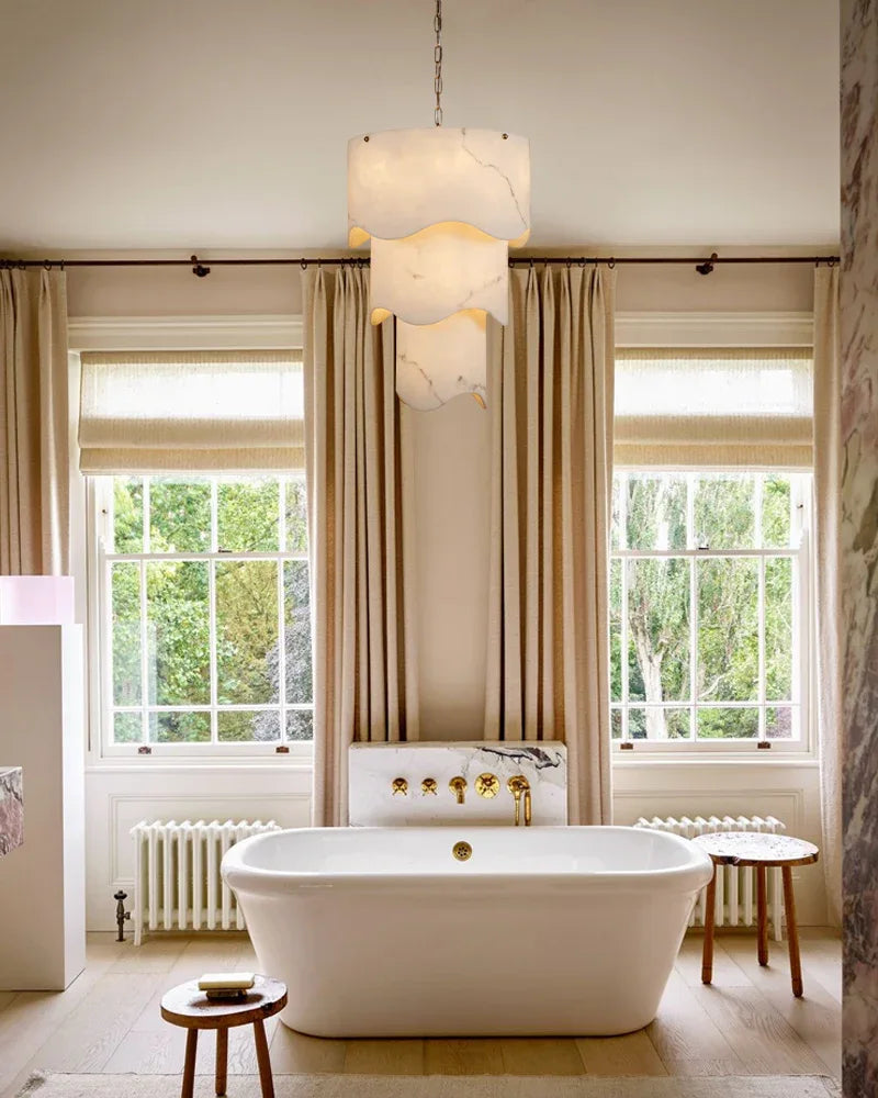 White Alabaster and Antique Brass Finish Layered Pendant Light Wide 18" Modern Pendant lamp