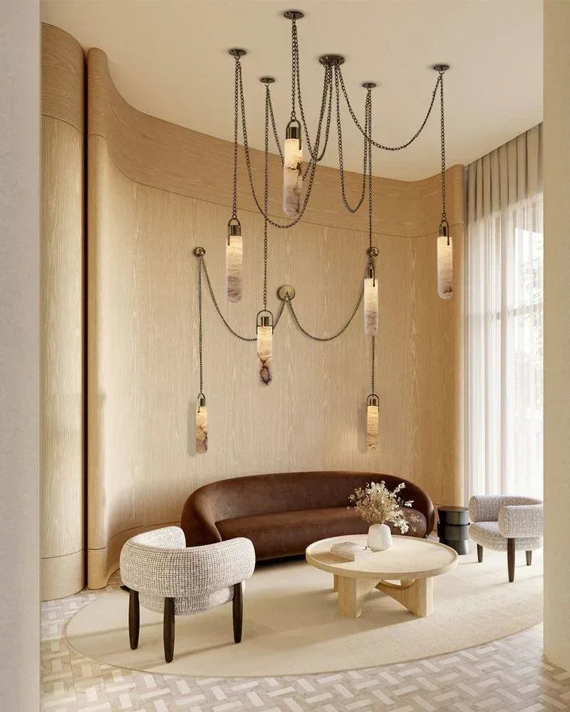 Unique & Modern Multi-Drop Alabaster Pendant Light in aged brass chain 150cm Vintage Simple Pendant Lamp