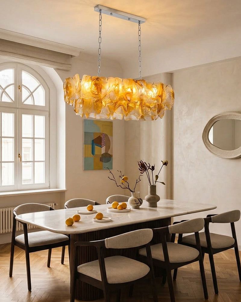 Chiara Murano Glass Contemporary Amber Panel Linear Chandelier - Lux Gold Trim - Kitchen Islands & Dining Rooms