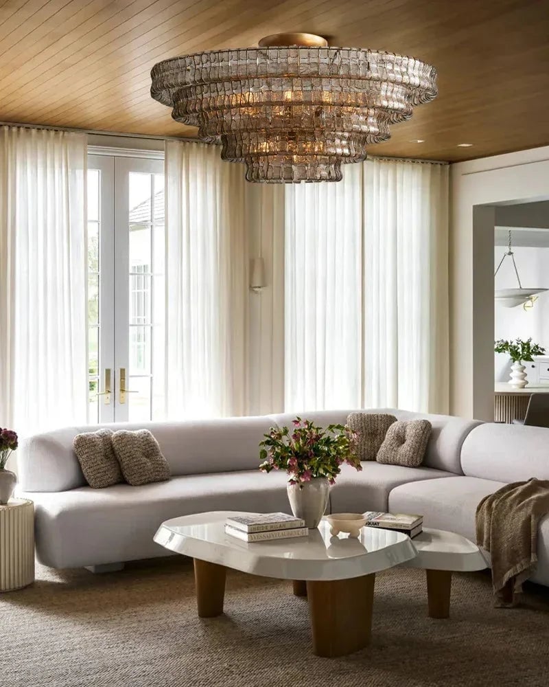 Giverny Series Ethereal Flush Mount Ceiling Light | Multi-Tier Curved Textured Ghiaccio Glass, Plated Brass or Black for Living Rooms, Hallways, and Bedrooms Flush Mounted Ceiling Lamp