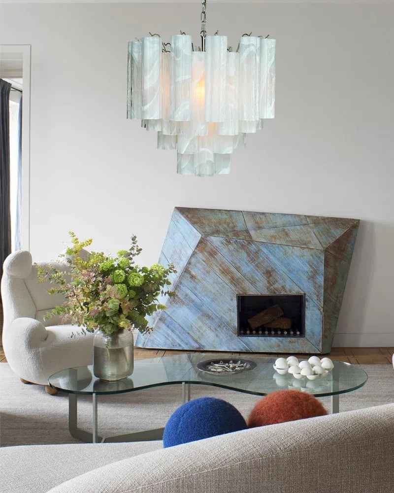 Cortina Series Cascading Chandelier | Multi-Tier Murano Glass Handcrafted Fluted Pink Murano Glass Tubes, Satin Brass for Grand Entrances and Dining Rooms American chandelier