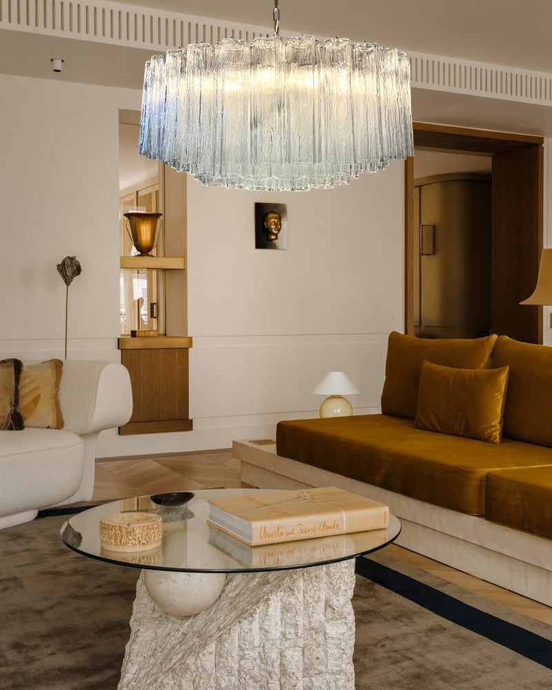 Classic Murano Transparent Glass Tube Chandelier Brushed Gold & Chrome Frame