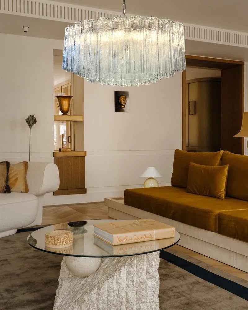 Cortina Series Cascading Chandelier | Multi-tiered Fluted Glass Handcrafted fluted clear Murano-inspired glass tubes, Satin Brass and Chrome for Grand entrances and dining rooms American chandelier
