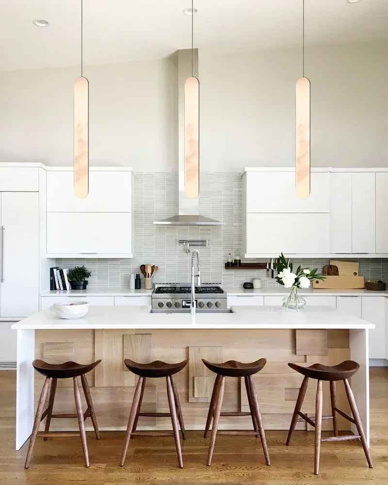 Cadiz Series Geometric Pendant Light | Elongated Cylinder Spanish Alabaster with slender metallic straps, Aged Brass and Antique Black finish for Kitchen Islands and Dining Areas Modern Pendant lamp