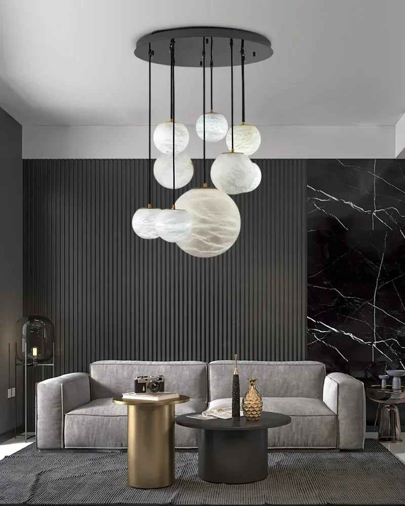 LightsStory Series Ethereal Chandelier | Cascading Alabaster Orbs Natural Translucent Alabaster, Natural Organic Veining for Dining Rooms and Kitchen Islands Modern Pendant lamp