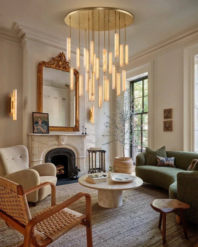Valence Series Architectural Pendant Light | Vertical Linear Raw Veined Alabaster and Lacquered Burnished Brass, Lacquered Burnished Brass and Black Rod for Dining Rooms and Gallery Spaces American Vintage chandelier lamp