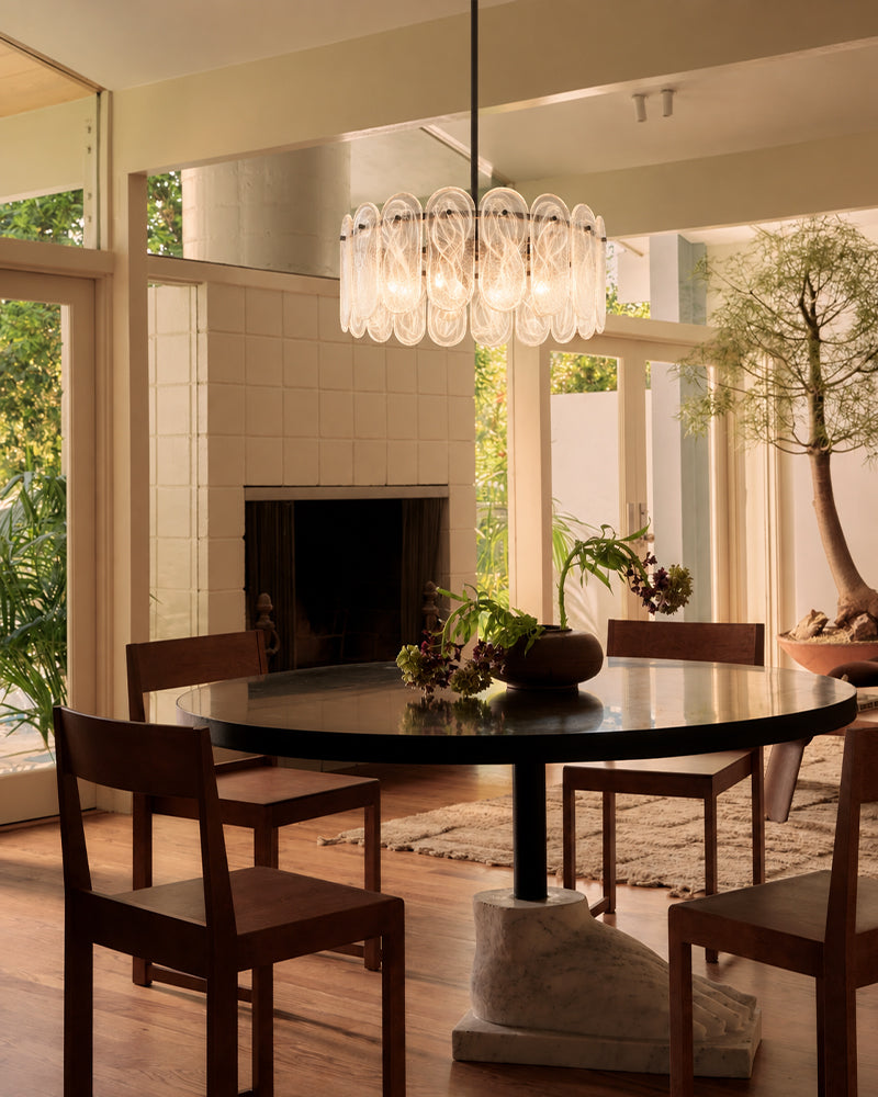 Etienne Glass Petal and Gold Trim Drum Pendant Light - Lux Gold Trim Downrod - Dining Rooms & Living Rooms