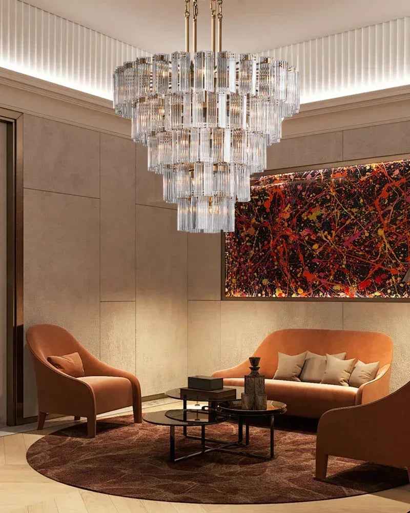 Saint-Cirq Series Geometric Chandelier | Large Round Geometric Hand-Arranged Reeded Glass and Steel, Brass and Black for Grand Entryways and Dining Rooms American chandelier