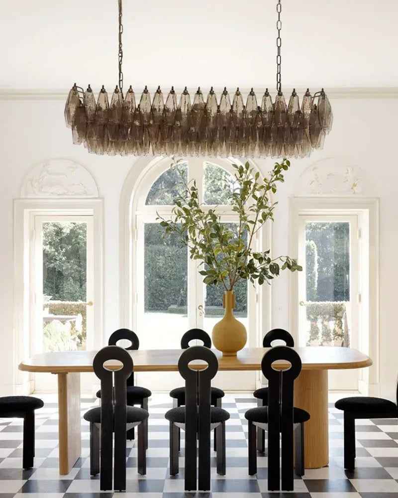 Cortina Series Ethereal Chandelier | Poliedri Smoke Glass Hand-blown Smoke Murano Glass and Brass Aluminum Chain, Plated-Brass finish for Dining Rooms and Entryways American chandelier