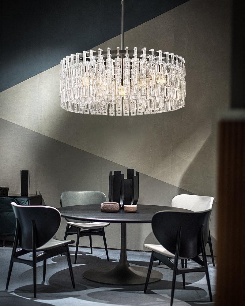 LightsStory Series Prismatic Chandelier | Linear Rectangular Hand-set Prismatic Crystals and Interlocking Steel, Dual-Tone Satin Gold and Matte Black for Entryways, Dining Areas, and Bedrooms American chandelier