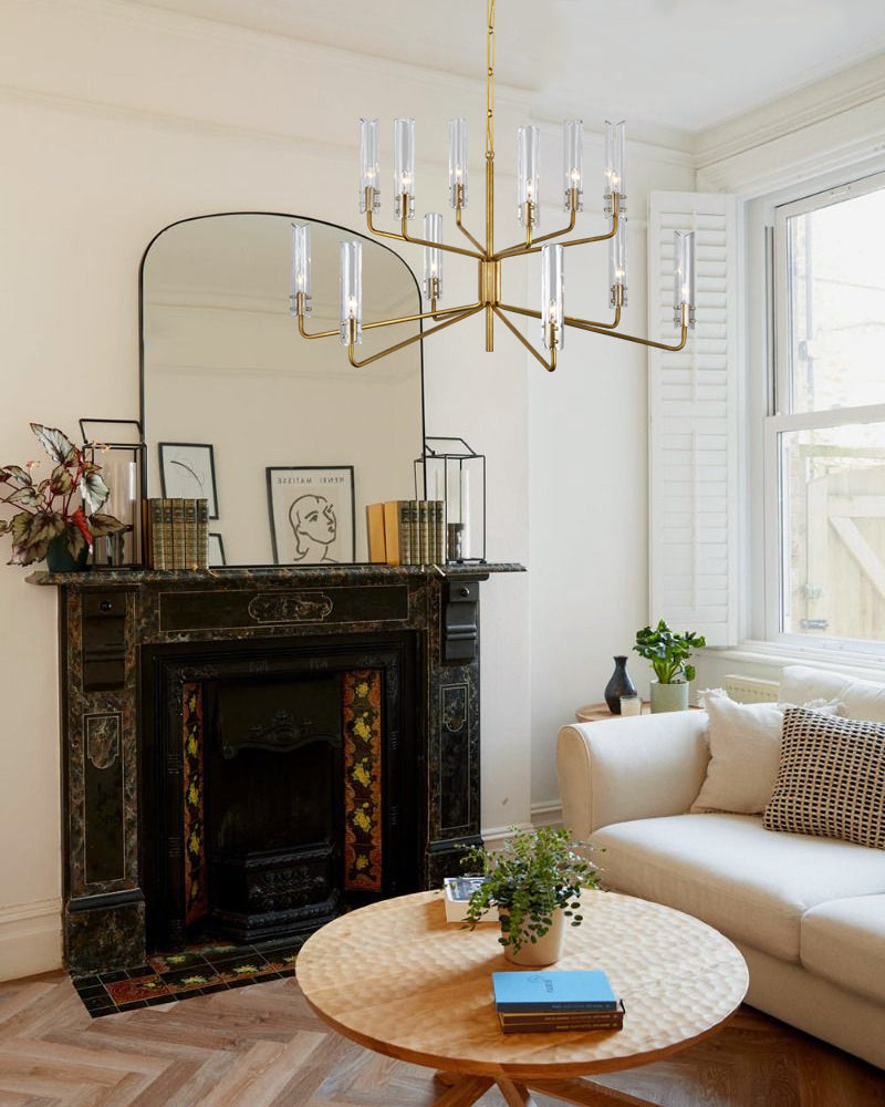 Brushed Chrome Metalwork Chandelier with Textured Slender Clear Glass Cylinders
