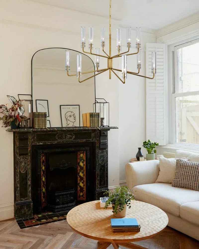 Lugano Series Geometric Chandelier | Two-tier linear Textured Slender Clear Glass Cylinders, Brushed Chrome for High ceilings and grand rooms American chandelier