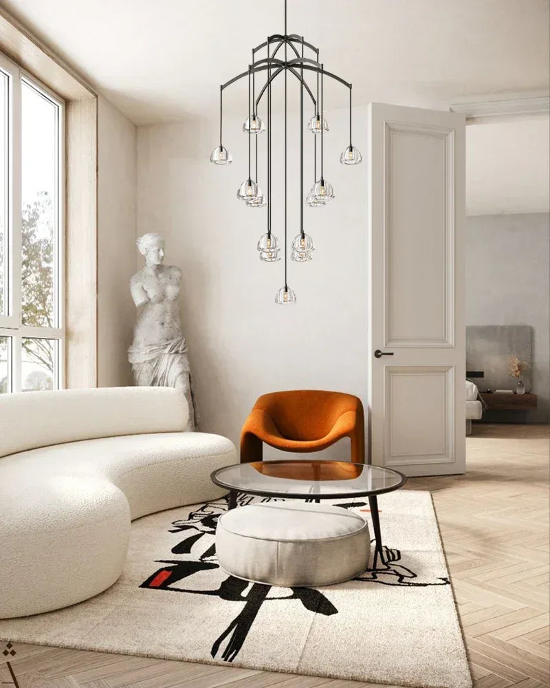 Verbier Series Ethereal Chandelier | Crystal Hemisphere Lathe-carved solid crystal blocks and solid brass frame, Brushed Black Steel finish for Grand Foyers and Dining Rooms American chandelier