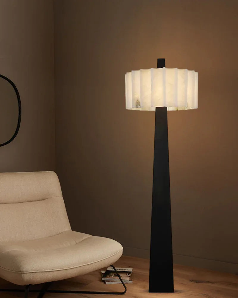 Artisanal Craftsmanship Alabaster Floor Lamp 65" Height | Black Stainless Base American standing floor lamp