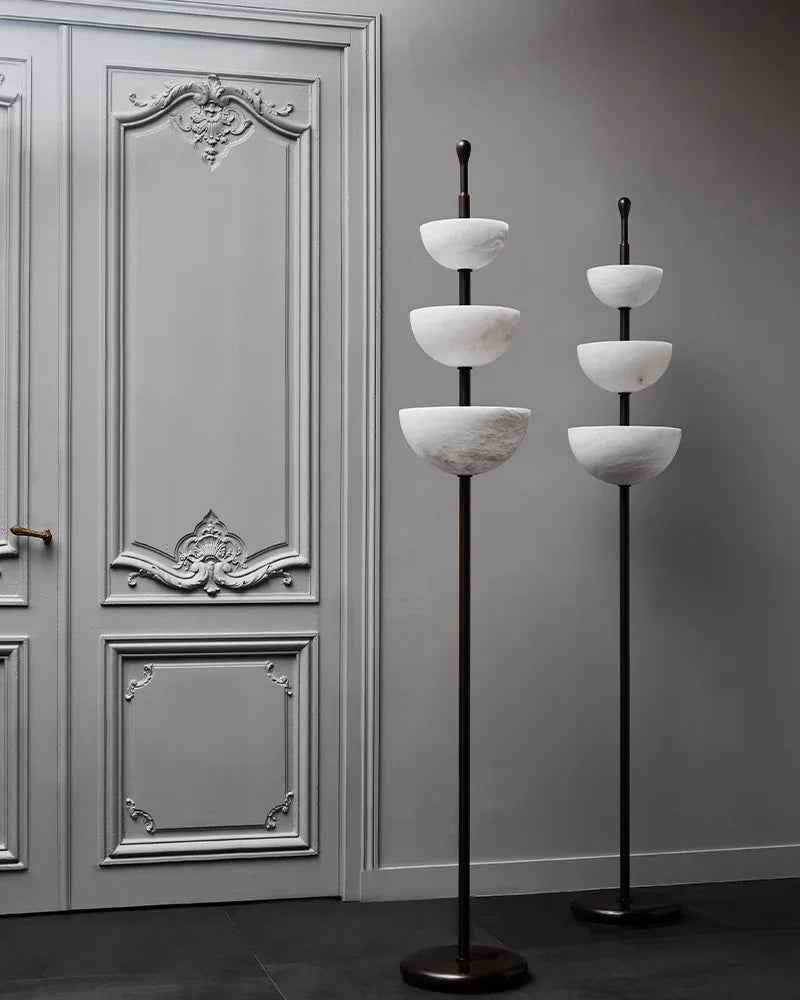 LightsStory Series Geometric Floor Lamp | Triple Bowl Natural marble and snowflake gypsum, Modern Black hardware for Living rooms and bedrooms American standing floor lamp