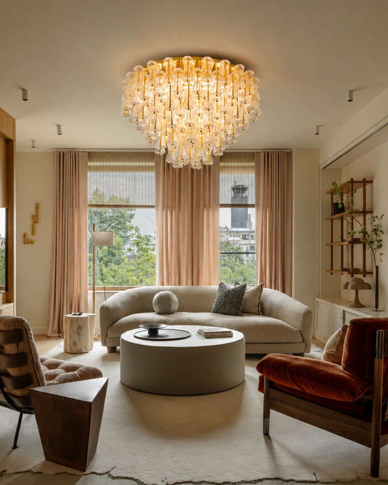 LightsStory Multi-Tiered Flush Mount Ceiling Light - Clear & Amber Glass - Low Profile Luxury Interiors