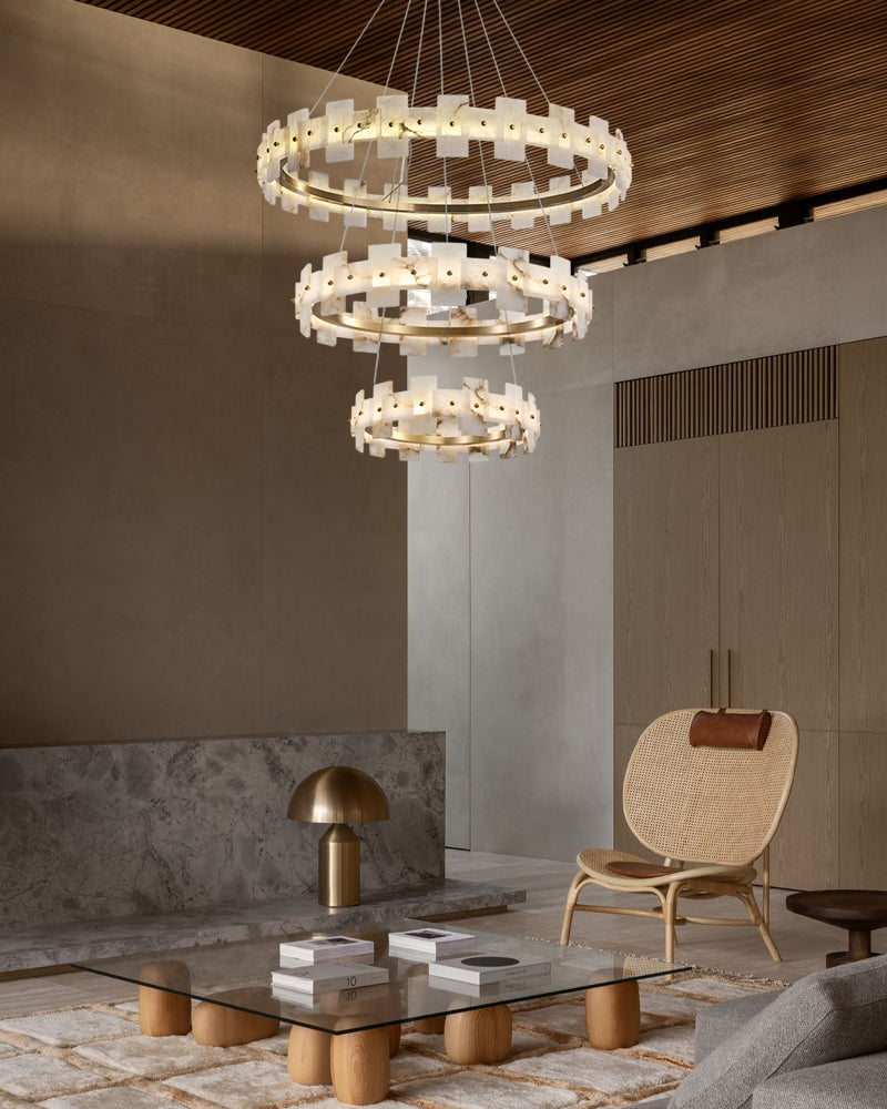Marble Circle Hanging Lamp Minimalism White and Brass Alabaster Halo Chandelier Dining Table