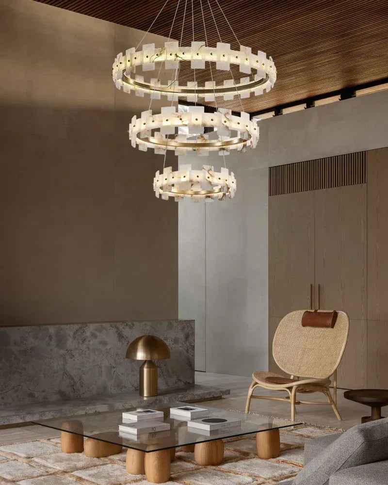 LightsStory Series Geometric Chandelier | Halo Ring Natural Alabaster panels with Antique Brass frame, Antique Brass finish for foyers and dining rooms Luxury Modern Chandelier